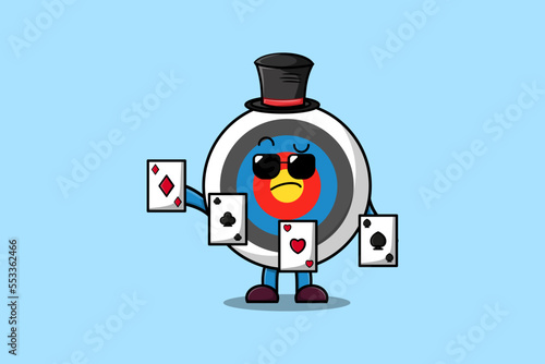 Cute cartoon Archery target magician character playing magic cards flat cartoon style illustration