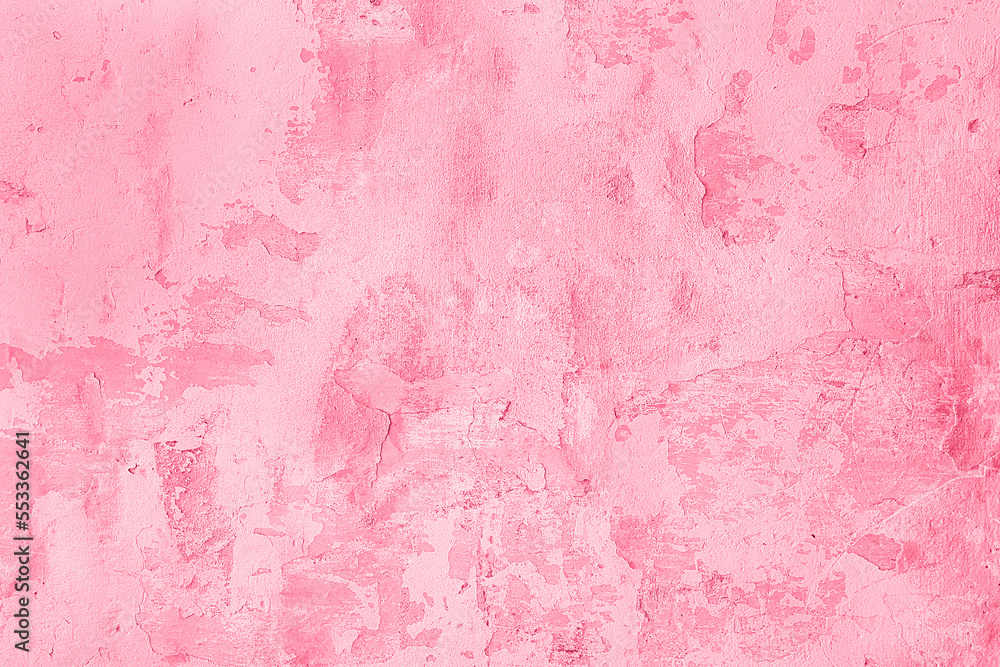 Trendy color of the year 2023. Surface of old shabby wall with falling off plaster, toned in viva magenta color as background or texture