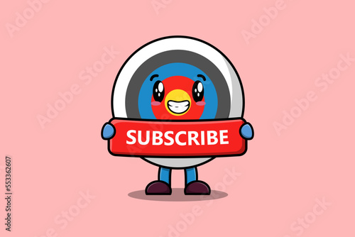 Cute cartoon Archery target character holding red subscribe board