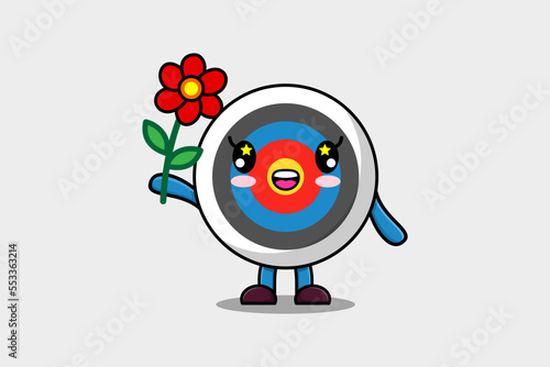 Cute cartoon Archery target character holding red flower in concept 3d cartoon style