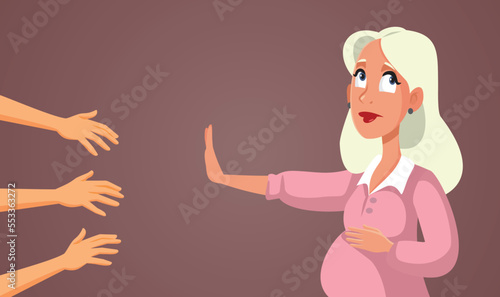 Pregnant Woman Setting Personal Boundaries for Curious People Vector Cartoon. Annoyed mother to be rejecting all the unwanted attention she receives
