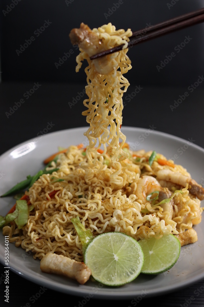Pancit Canton Chow Mein Stir Fry Instant Noodles with Shrimp, Pork Belly, Cabbage, Carrots, Snap