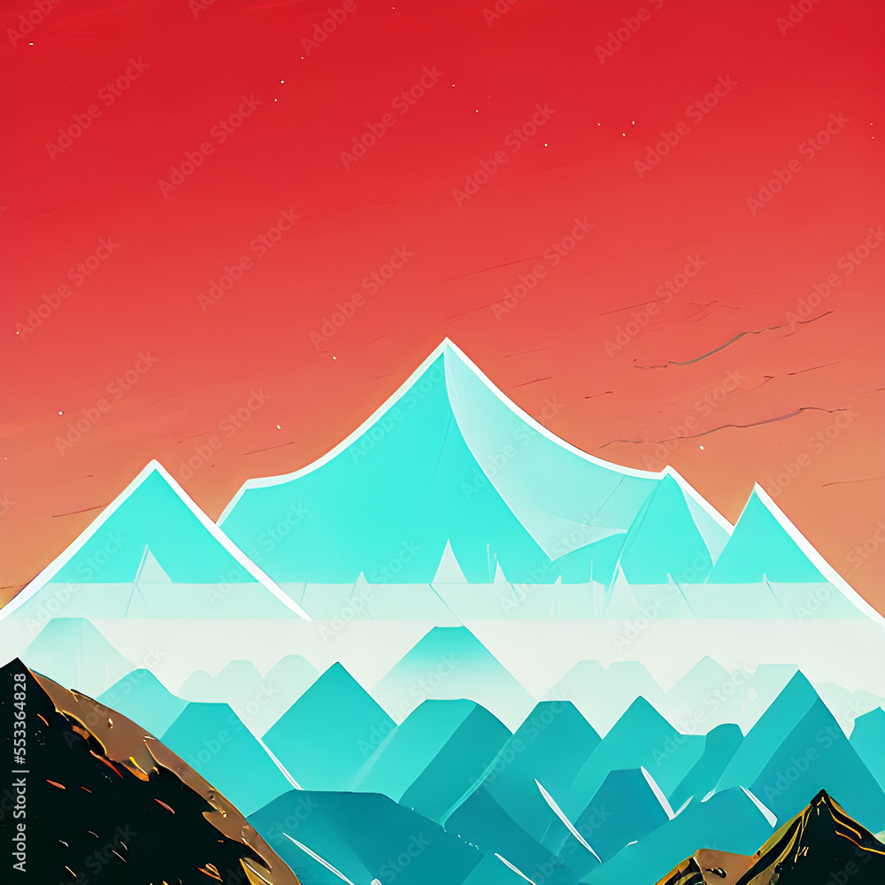 Blue Winter Glass Mountain Sunset - Cartoon Landscape Art
