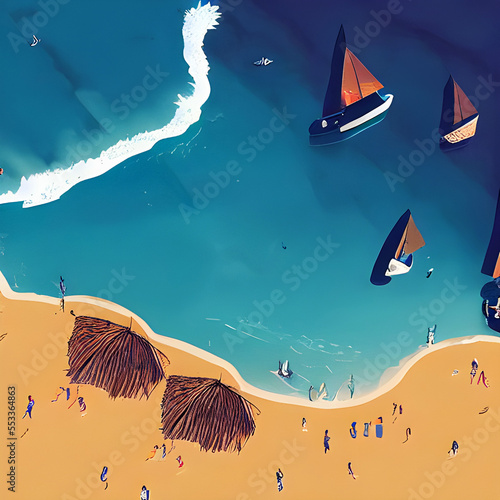 Summer Beach Boat Adventure - Cartoon Landscape Art
