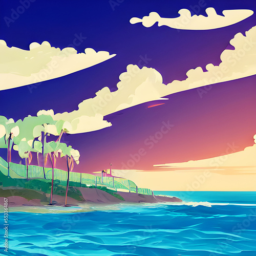 Violet Beach Sunset - Cartoon Landscape Art
