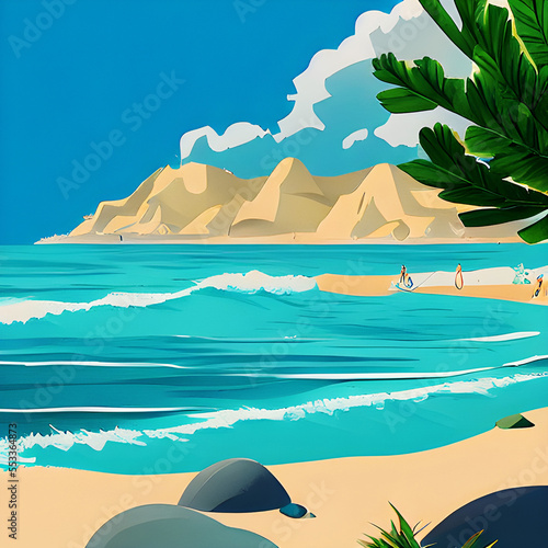 Tropical Wavy Beach - Cartoon Landscape Art
