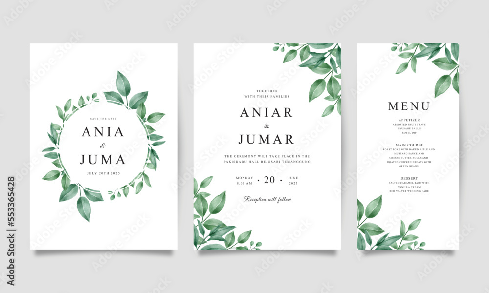 Elegant greenery watercolor for wedding invitation card template set