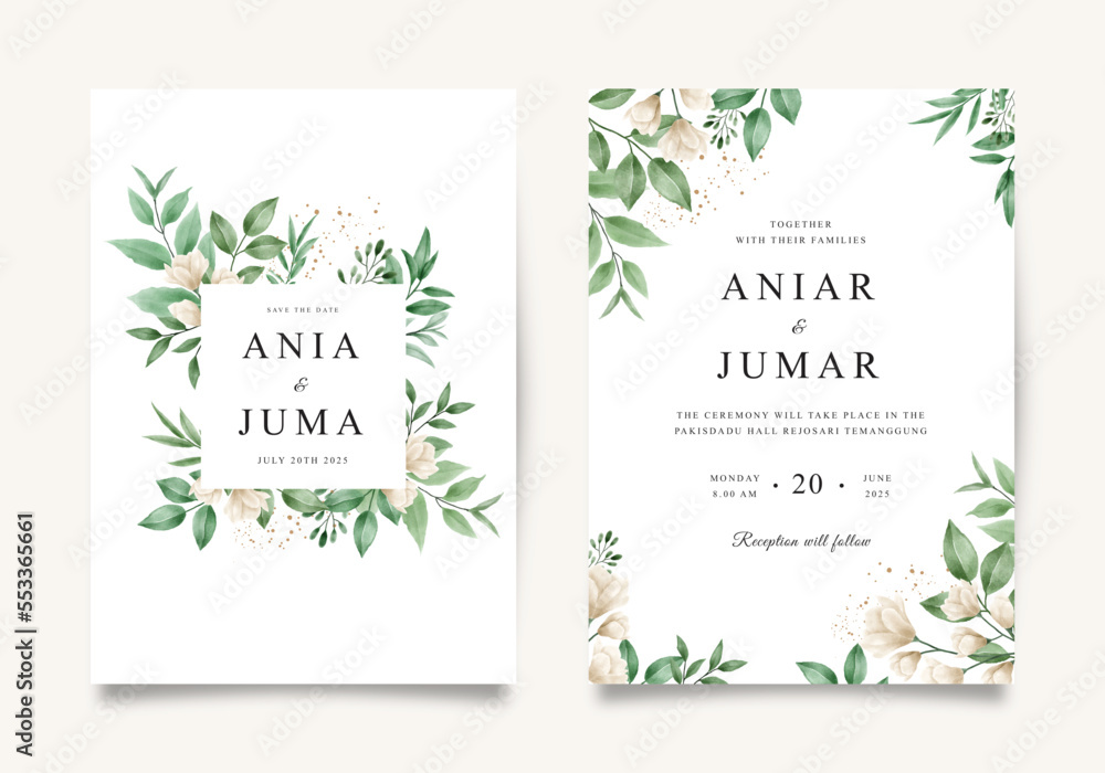 Elegant wedding invitation template set with floral arrangement and green leaves