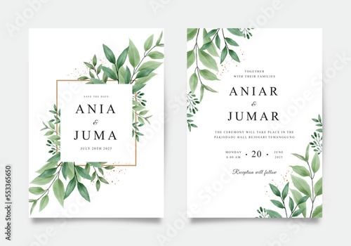 Elegant wedding invitation template with watercolor green leaves