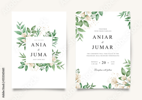 Elegant wedding invitation template set with floral arrangement and green leaves