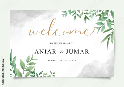 Welcome wedding sign card template with beautiful watercolor leaves