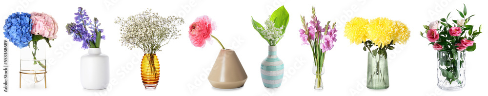 Fototapeta premium Group of beautiful fresh flowers in stylish vases on white background