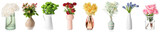 Collage of aromatic fresh flowers in stylish vases on white background