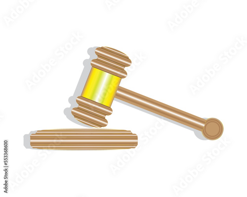 vector graphic design of an illustration of a hammer made of wood and a gold plate which is usually used by judges in courts in deciding a legal case