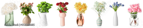 Collage of aromatic fresh flowers in stylish vases on white background