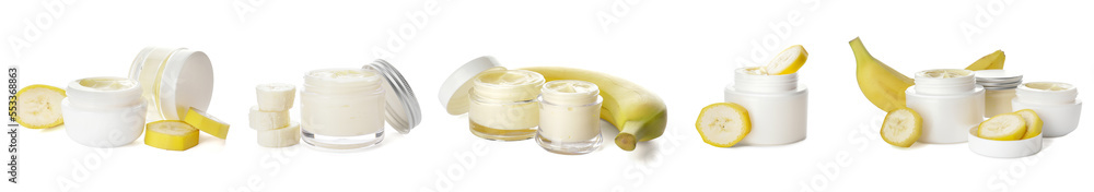 Collage on natural banana cream on white background Collage on natural banana cream on white background
