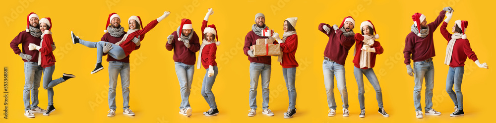 Set of happy young couple in Santa hats and with Christmas gifts on yellow background