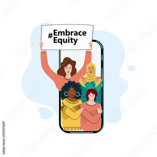 Women are hugging themselves on smartphone screen. Embrace Equity is campaign theme of International Women's Day 2023. Online activism. Fight like a girl.