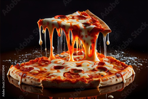  a pizza with melted cheese and pepperoni on it's crusts is being served with melted cheese. Generative AI photo