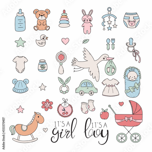 Baby doodle icon. Set of elements. Children stickers.