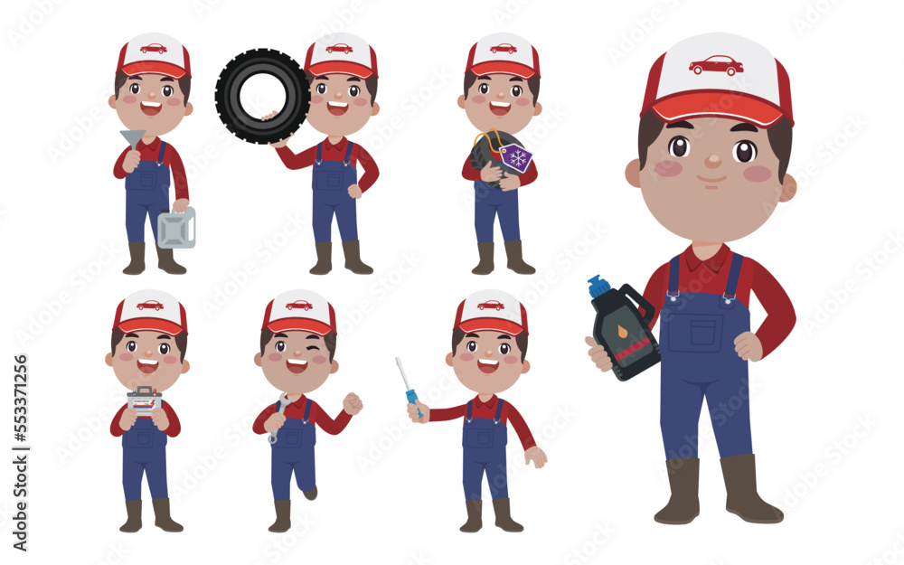 Set of technician with different poses