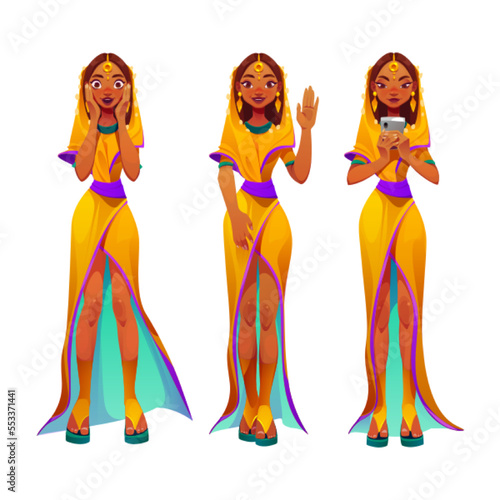 Young indian woman in traditional saree dress with surprised excited face, raised arm and using smartphone. Authentic female personage of India isolated on white background Cartoon vector illustration