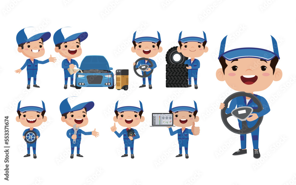 Set of technician with different poses