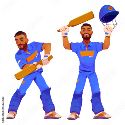 Batsman player with bat, cricket sports competition, tournament. Male character wear blue uniform and helmet hitting ball and celebrate victory isolated on white background Cartoon vector illustration