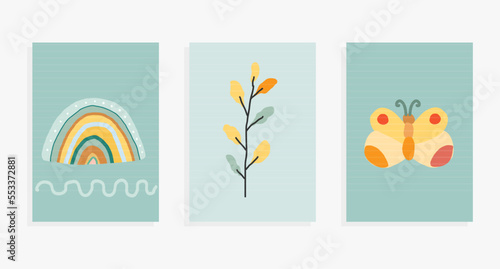 abstract mid-century modern  vector wall-art set with butterfly, rainbow, branch