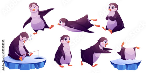 Cute penguin cartoon character isolated set. Kawaii animal life on northern pole. Funny arctic bird sliding on stomach, fishing on ice floe, sitting with upset face, dance or fun, Vector illustration