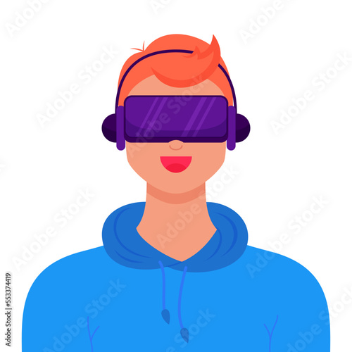 VR and AR technology metaverse concept. Man wearing virtual reality headset and headphones. Digital world simulation, innovation network experience, AR gaming. Futuristic lifestyle. Vector