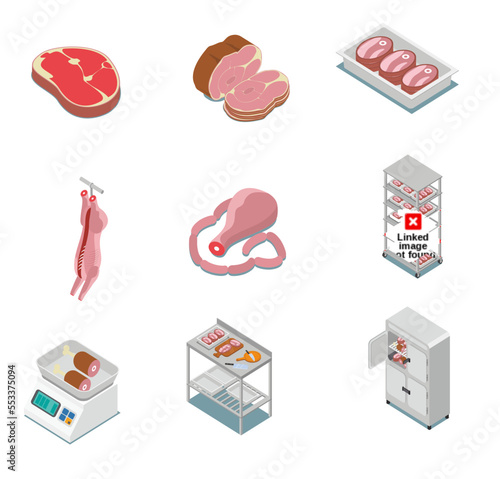 Set of food: meat cuts assortment - beef, pork, lamb, round steak, boneless rump, whole leg,  loin and rib chops, rustic belly, ground meat, meat cubes for stew. 