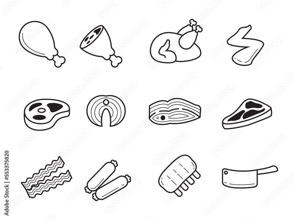 Set of meat icons with linear style and black color isolated on white ...