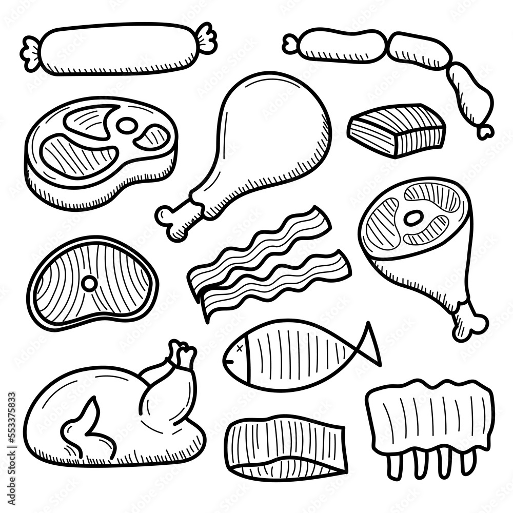 Set of meat vector illustration with doodle style isolated on white background