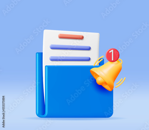 3D Document Folder with Notification Bell. Golden Render Ringing Bell and Ring Binder. File for Paper Documents. Alert and Alarm Symbol. Social Media Network Notification Reminder. Vector Illustration