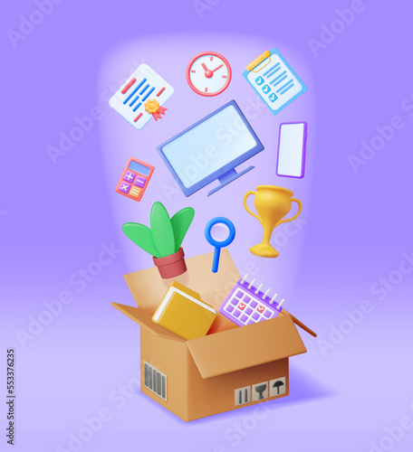 3D Cardboard Box Full of Office Stuff. Render Concept of Moving to New Office. File Folder, Document Paper, Certificate, Calculator, Calendar, Clock, Trophy, Computer and Plant. Vector illustration