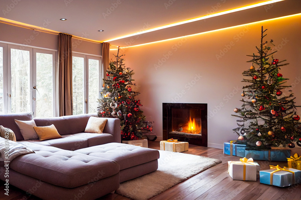 Fototapeta premium decorated room for winter holidays with a large window, a Christmas tree and white bed near it