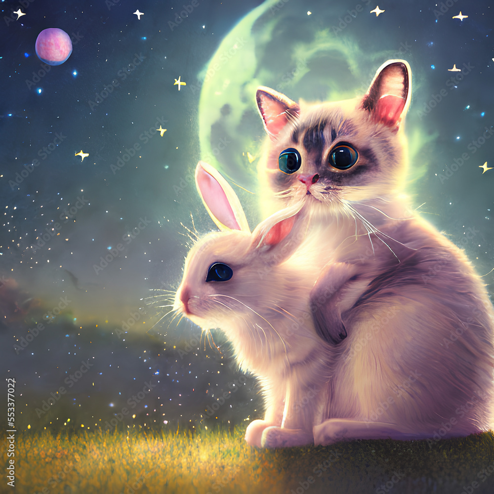 A cat and a rabbit hug each other. Moon and stars in the background. Generative AI.