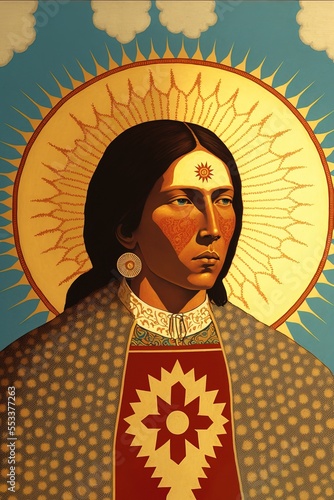 Native american as a Sun saint. Generative AI