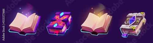 Open and closed magic books of spells with fantasy covers, bookmarks and mystery light. Game icons of fairytale wizard or witch grimoires, vector cartoon illustration