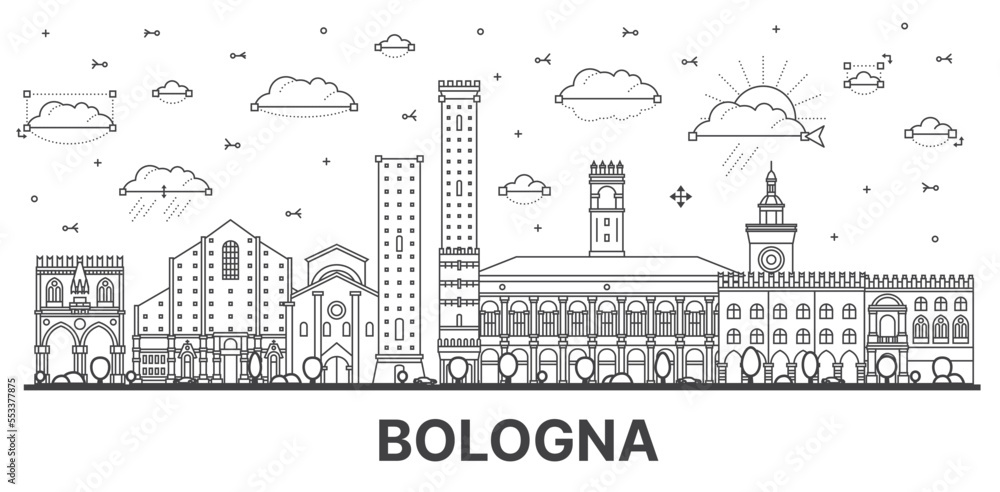 Obraz premium Outline Bologna Italy City Skyline with Historic Buildings Isolated on White.