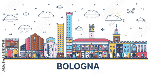 Outline Bologna Italy City Skyline with Colored Historic Buildings Isolated on White.
