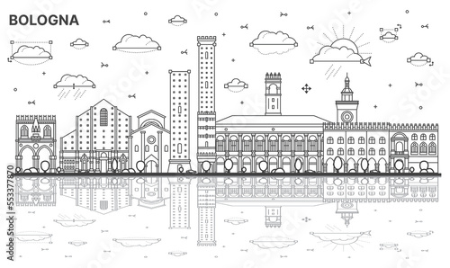Outline Bologna Italy City Skyline with Historic Buildings and Reflections Isolated on White.