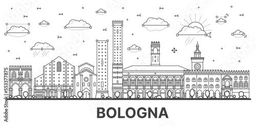 Outline Bologna Italy City Skyline with Historic Buildings Isolated on White.