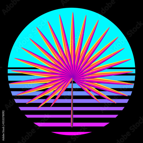Synthwave, vaporwave, retrowave 80s neon landscape, gradient colored sunset with palm tree leaf on black background. Retro futuristic aesthetic solar circle emblem, logo or icon