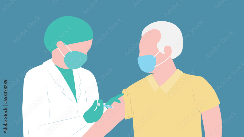 A doctor injects a vaccine into the right arm of an elderly man wearing a mask. Medical flat illustration. A doctor injects a vaccine into the right arm of an elderly man wearing a mask. Medical flat illustration.