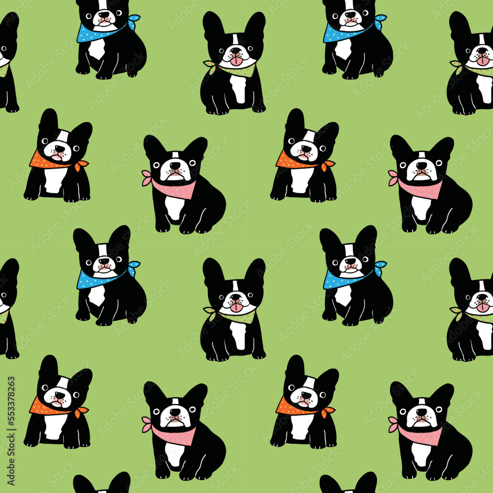 Seamless Pattern with Cartoon French bulldog Design on Green Background Seamless Pattern with Cartoon French bulldog Design on Green Background
