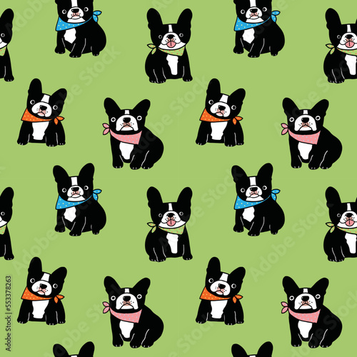 Seamless Pattern with Cartoon French bulldog Design on Green Background