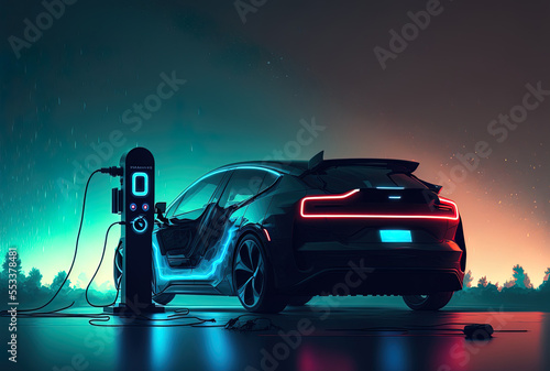 A silhouette of an EV electric car with a low battery charge at an electric charging station is seen. Generative AI photo