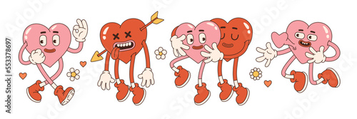 Groovy lovely hearts stickers. Love concept. Happy Valentines day. Funky happy heart character in trendy retro 60s 70s cartoon style. Vector illustration in pink red colors.